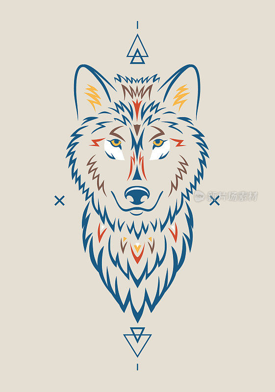 Beautiful wolf vector illustration with ethnic elements on beige background. Tribal animal symbol for print. - Vector